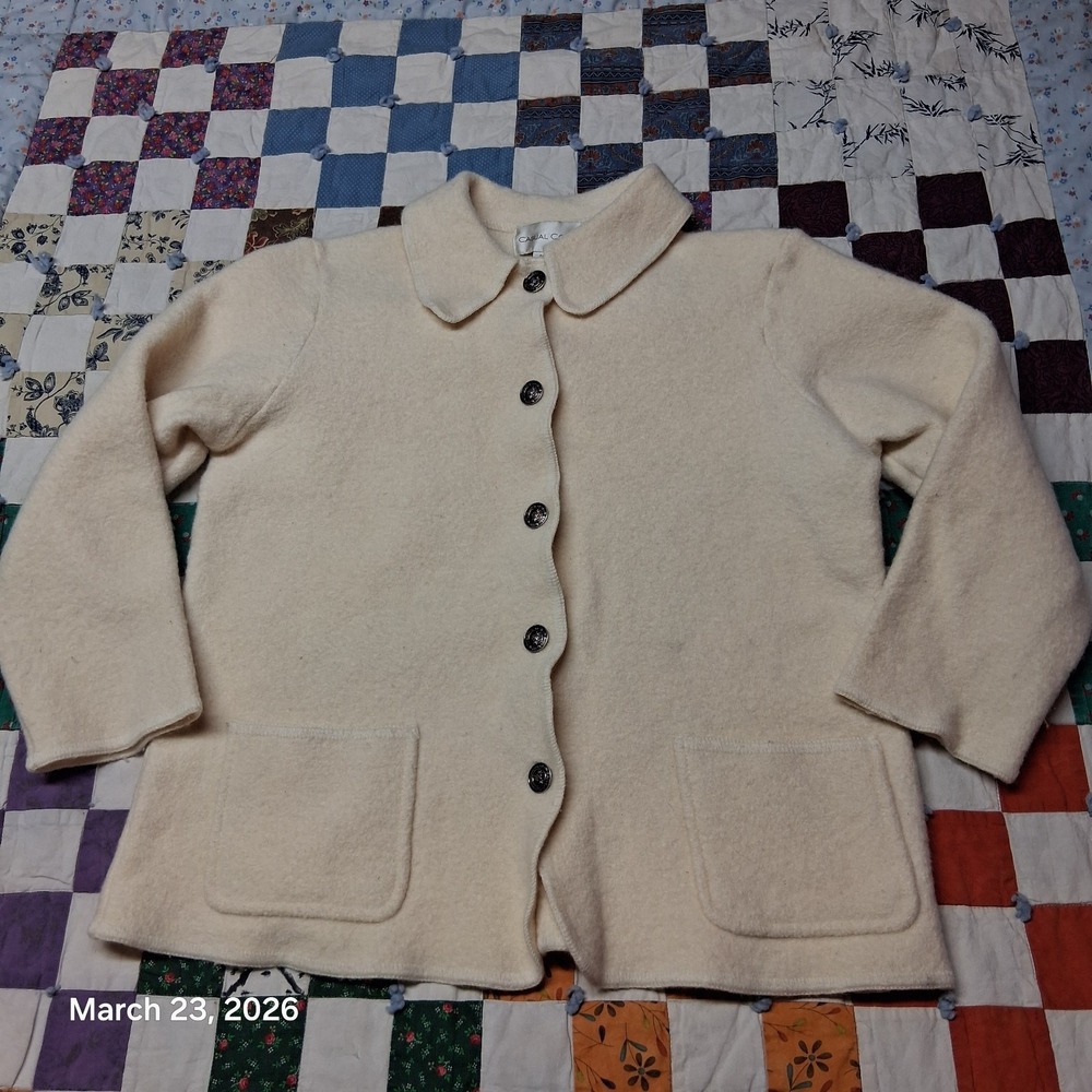Vintage 90s Casual Corner 100% Wool Sweater Jacket Womens Large Cream Cardigan